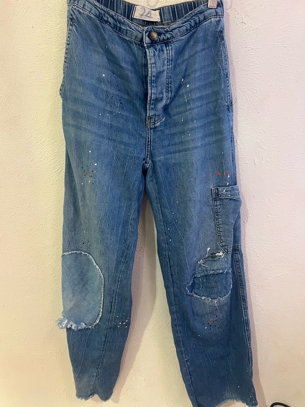Distressed Blue Free People Carpenter Jeans with Paint Splatter